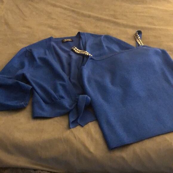 Michelle Antonelli 2pc Blue Sparkle Knit Top Set Woman Size Large Embellished - Picture 5 of 13